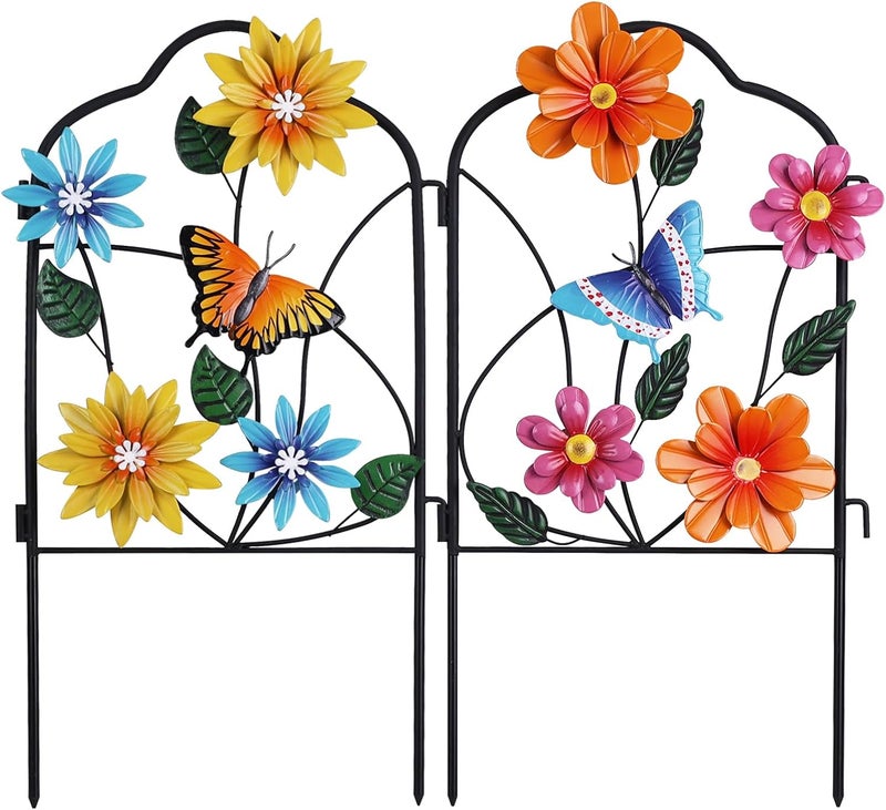 hogardeck Garden Decor for Outside, Set of 2 Metal Fence Decorative Garden Stakes with Flowers for Spring Decor, Yard Signs for Outdoor Patio Lawn Backyard Porch Decorations - Image 1